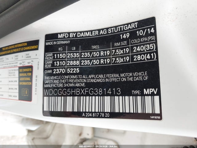 45168317 :رقم المزاد ، WDCGG5HBXFG381413 vin ، 2015 Mercedes-benz Glk 350 مزاد بيع