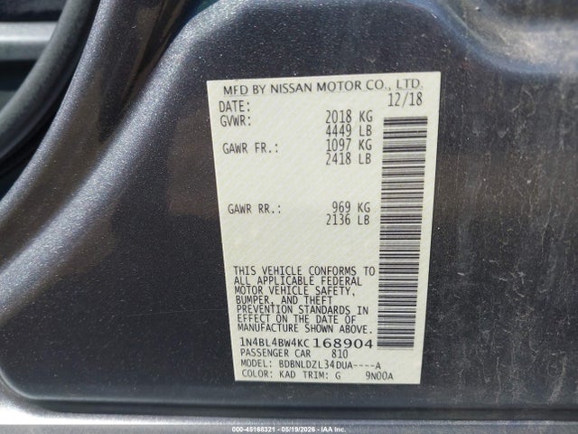 2019 Nissan Altima 2.5 S მანქანა იყიდება აუქციონზე, vin: 1N4BL4BW4KC168904, აუქციონის ნომერი: 45168321