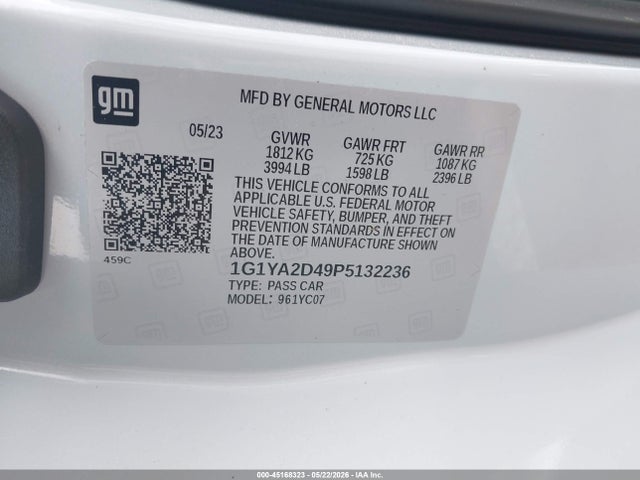 Aukcja sprzedaży 2023 Chevrolet Corvette Stingray Rwd  1lt, vin: 1G1YA2D49P5132236, numer aukcji: 45168323