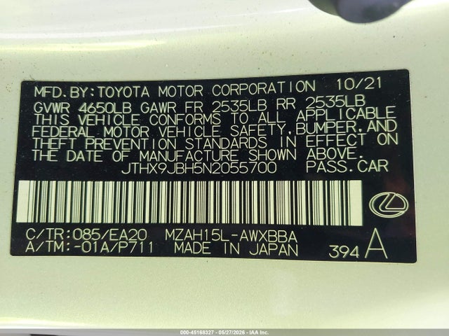 Продаж на аукціоні авто 2022 Lexus Ux 250h, vin: JTHX9JBH5N2055700, номер лоту: 45168327