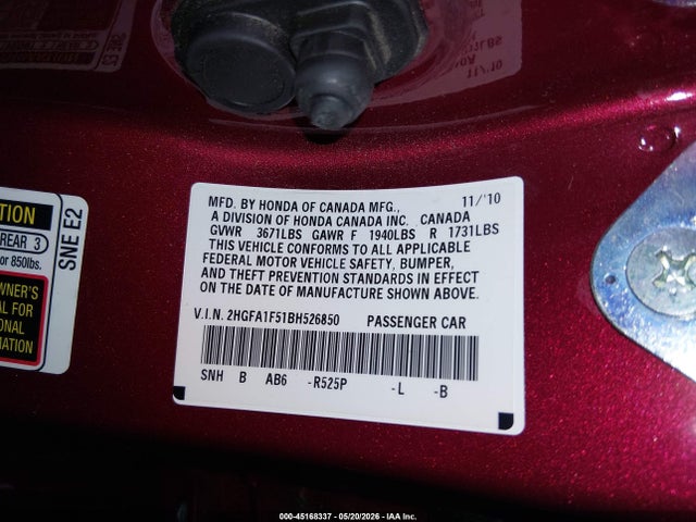 2011 Honda Civic Lx მანქანა იყიდება აუქციონზე, vin: 2HGFA1F51BH526850, აუქციონის ნომერი: 45168337