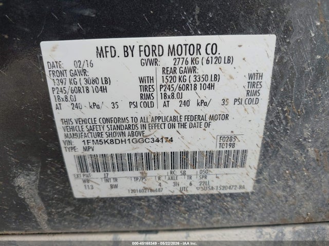 Продажа на аукционе авто 2016 Ford Explorer Xlt, vin: 1FM5K8DH1GGC34174, номер лота: 45168349