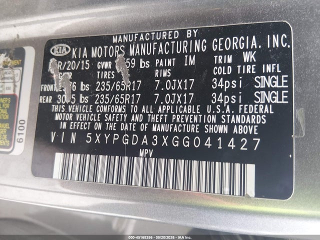 Auction sale of the 2016 Kia Sorento 2.4l Lx, vin: 5XYPGDA3XGG041427, lot number: 45168356
