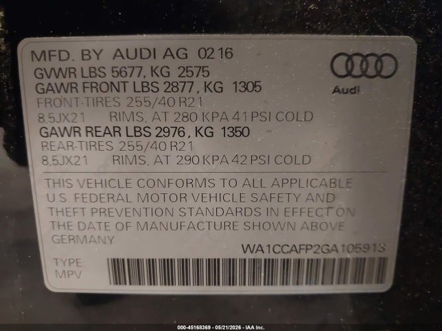 2016 Audi Sq5 3.0t Premium Plus მანქანა იყიდება აუქციონზე, vin: WA1CCAFP2GA105913, აუქციონის ნომერი: 45168369
