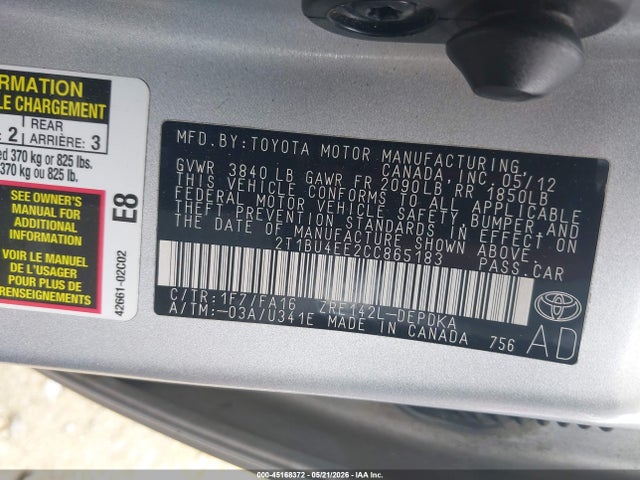 Aukcja sprzedaży 2012 Toyota Corolla L, vin: 2T1BU4EE2CC865183, numer aukcji: 45168372