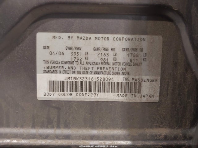Продажа на аукционе авто 2006 Mazda Mazda3 S Touring, vin: JM1BK323161528094, номер лота: 45168383