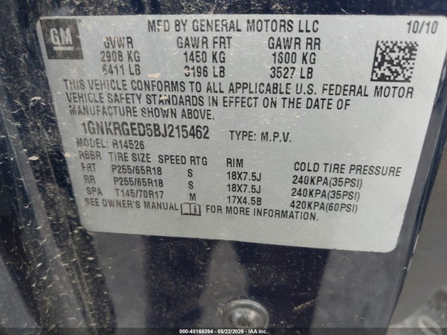 Aukcja sprzedaży 2011 Chevrolet Traverse 1lt, vin: 1GNKRGED5BJ215462, numer aukcji: 45168394