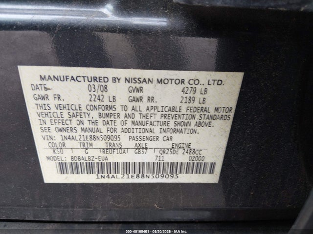 Продаж на аукціоні авто 2008 Nissan Altima 2.5 S, vin: 1N4AL21E88N509095, номер лоту: 45168401