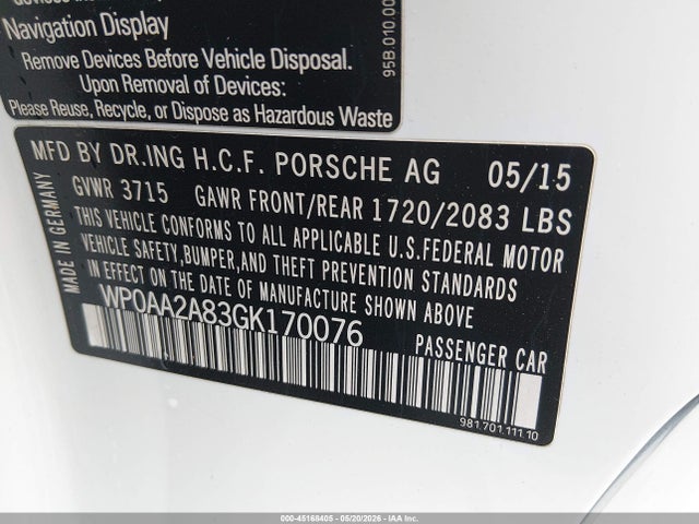 Продажа на аукционе авто 2016 Porsche Cayman, vin: WP0AA2A83GK170076, номер лота: 45168405