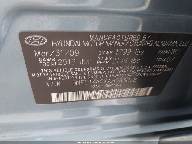 Aukcja sprzedaży 2010 Hyundai Sonata Gls, vin: 5NPET4ACXAH583078, numer aukcji: 45168406