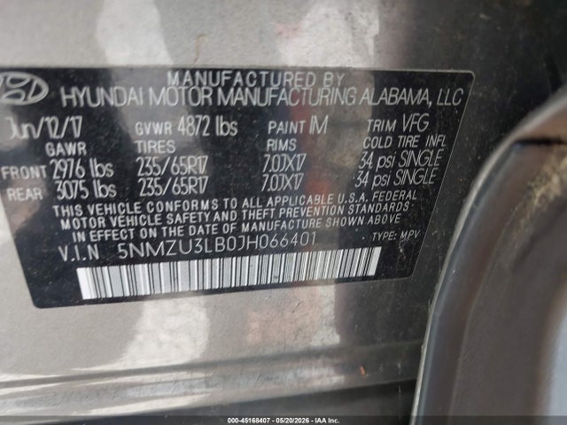 45168407 :رقم المزاد ، 5NMZU3LB0JH066401 vin ، 2018 Hyundai Santa Fe Sport 2.4l مزاد بيع