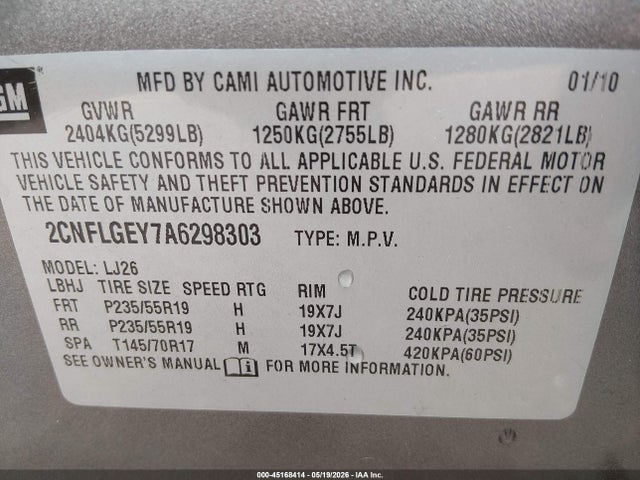 45168414 :رقم المزاد ، 2CNFLGEY7A6298303 vin ، 2010 Chevrolet Equinox Ltz مزاد بيع