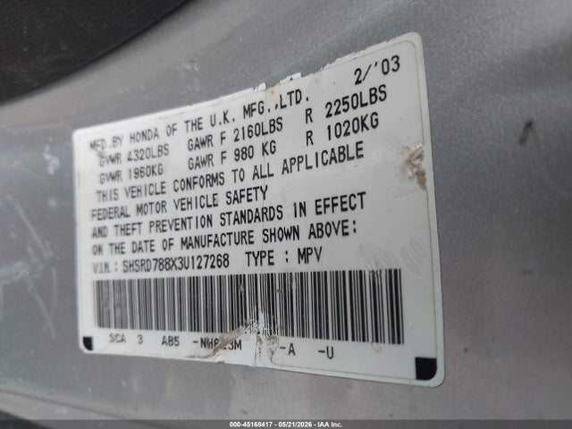 Продажа на аукционе авто 2003 Honda Cr-v Ex, vin: SHSRD788X3U127268, номер лота: 45168417