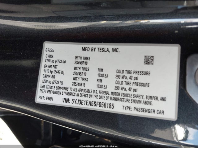 Продажа на аукционе авто 2025 Tesla Model 3, vin: 5YJ3E1EA5SF056185, номер лота: 45168430