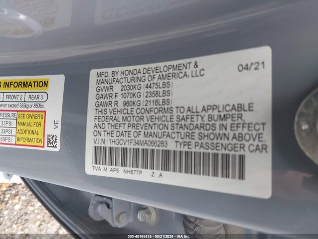 Aukcja sprzedaży 2021 Honda Accord Sport, vin: 1HGCV1F34MA066283, numer aukcji: 45168435