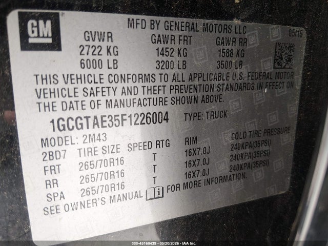 1GCGTAE35F1226004 Chevrolet Colorado Wt