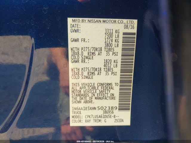 Auction sale of the 2017 Nissan Titan Pro-4x, vin: 1N6AA1E5XHN502389, lot number: 45168443