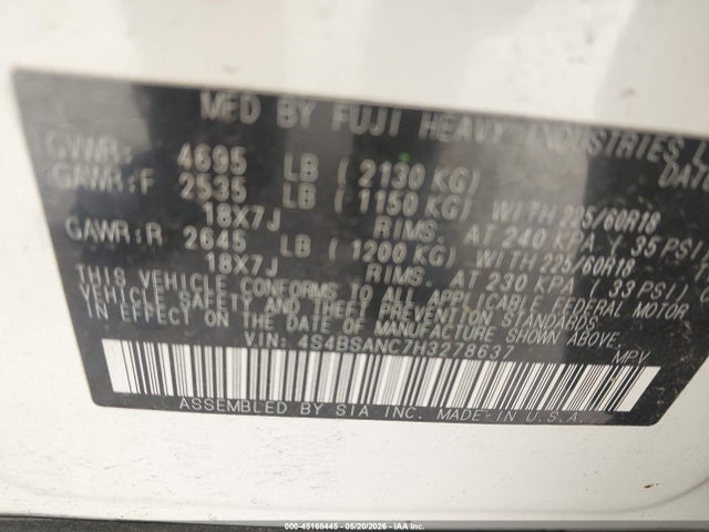 Aukcja sprzedaży 2017 Subaru Outback 2.5i Limited, vin: 4S4BSANC7H3278637, numer aukcji: 45168445