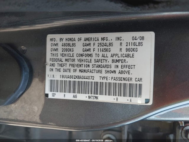 Продажа на аукционе авто 2008 Acura Tl 3.2, vin: 19UUA662X8A044072, номер лота: 45168447