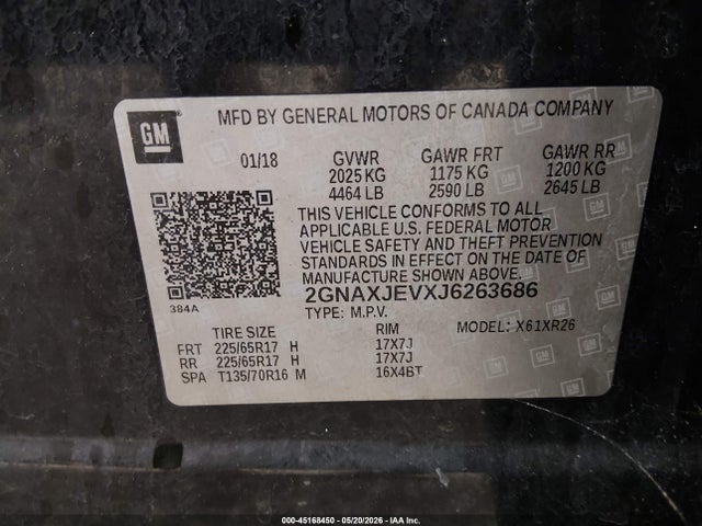 Продаж на аукціоні авто 2018 Chevrolet Equinox Lt, vin: 2GNAXJEVXJ6263686, номер лоту: 45168450