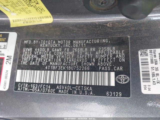 Aukcja sprzedaży 2011 Toyota Camry Se, vin: 4T1BF3EK1BU752266, numer aukcji: 45168451
