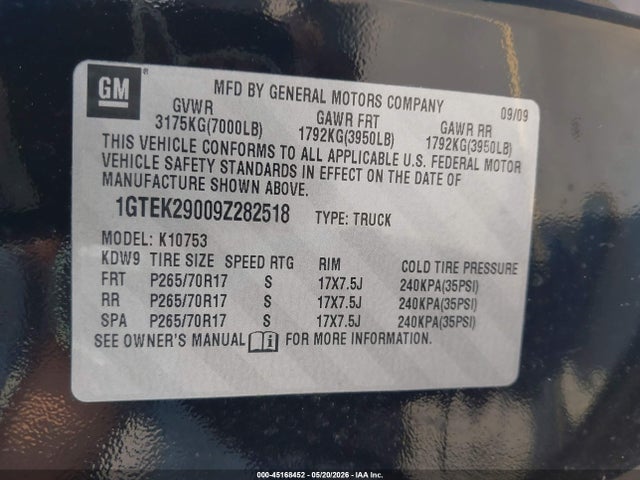 Aukcja sprzedaży 2009 Gmc Sierra 1500 Sle, vin: 1GTEK29009Z282518, numer aukcji: 45168452