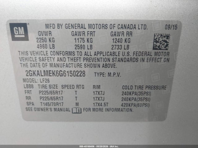 Продажа на аукционе авто 2016 Gmc Terrain Sle-1, vin: 2GKALMEK6G6150228, номер лота: 45168456