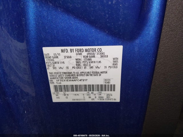 45168470 :رقم المزاد ، 1FTEX1EW4AFC47217 vin ، 2010 Ford F-150 Stx/xl مزاد بيع