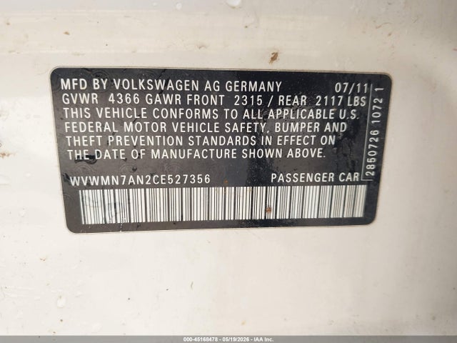 Aukcja sprzedaży 2012 Volkswagen Cc Sport, vin: WVWMN7AN2CE527356, numer aukcji: 45168478