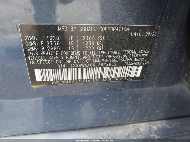 Aukcja sprzedaży 2020 Subaru Legacy, vin: 4S3BWAA66L3033653, numer aukcji: 45168487