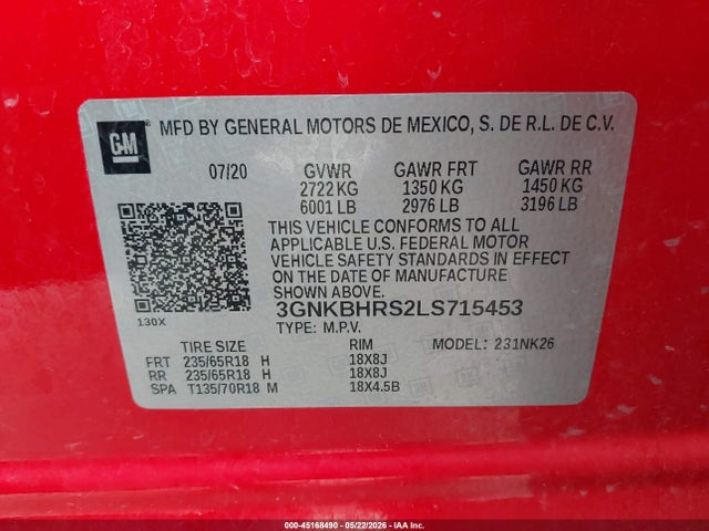 45168490 :رقم المزاد ، 3GNKBHRS2LS715453 vin ، 2020 Chevrolet Blazer Awd 2lt مزاد بيع