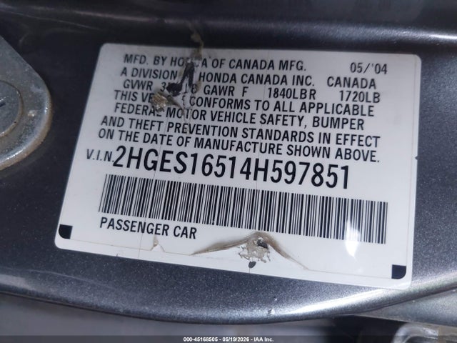 Aukcja sprzedaży 2004 Honda Civic Lx, vin: 2HGES16514H597851, numer aukcji: 45168505
