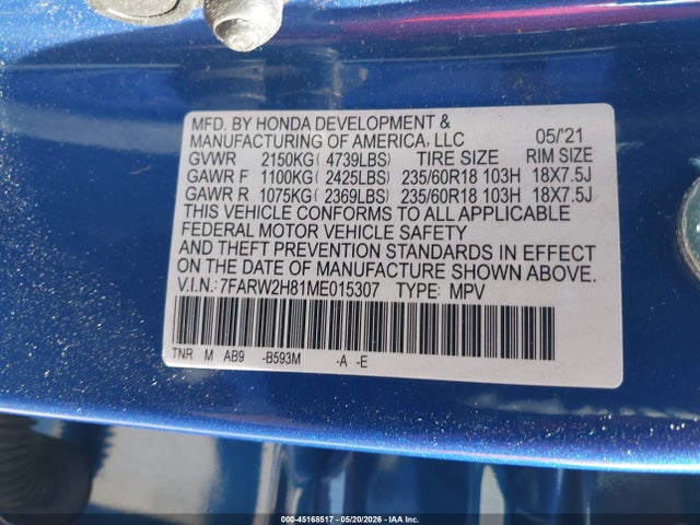 45168517 :رقم المزاد ، 7FARW2H81ME015307 vin ، 2021 Honda Cr-v Awd Ex-l مزاد بيع