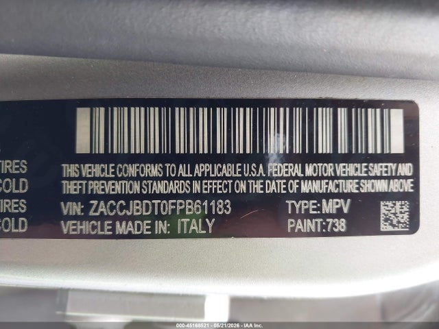 2015 Jeep Renegade Limited მანქანა იყიდება აუქციონზე, vin: ZACCJBDT0FPB61183, აუქციონის ნომერი: 45168521