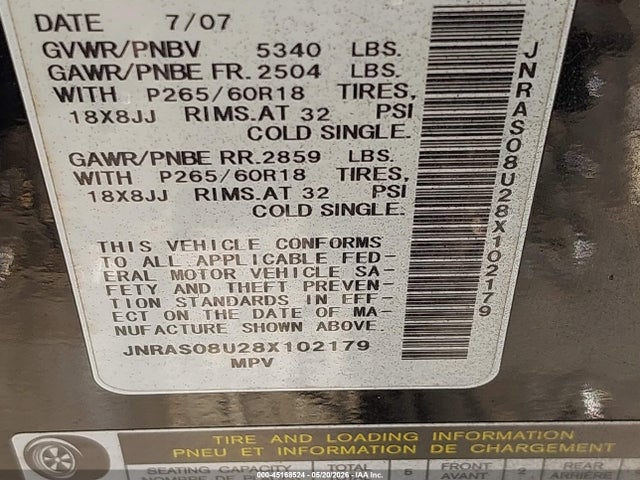 Aukcja sprzedaży 2008 Infiniti Fx35, vin: JNRAS08U28X102179, numer aukcji: 45168524