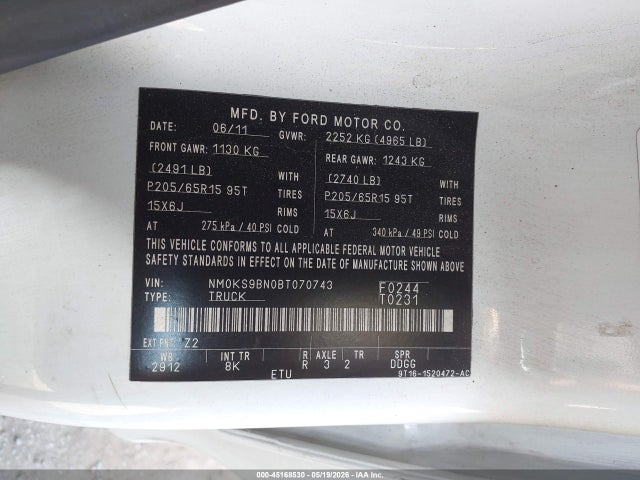 Продаж на аукціоні авто 2011 Ford Transit Connect Xlt, vin: NM0KS9BN0BT070743, номер лоту: 45168530