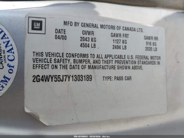 Продаж на аукціоні авто 2000 Buick Century Limited, vin: 2G4WY55J7Y1303189, номер лоту: 45168543