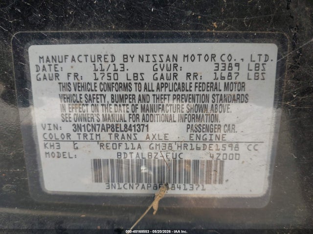Auction sale of the 2014 Nissan Versa 1.6 Sv, vin: 3N1CN7AP8EL841371, lot number: 45168553