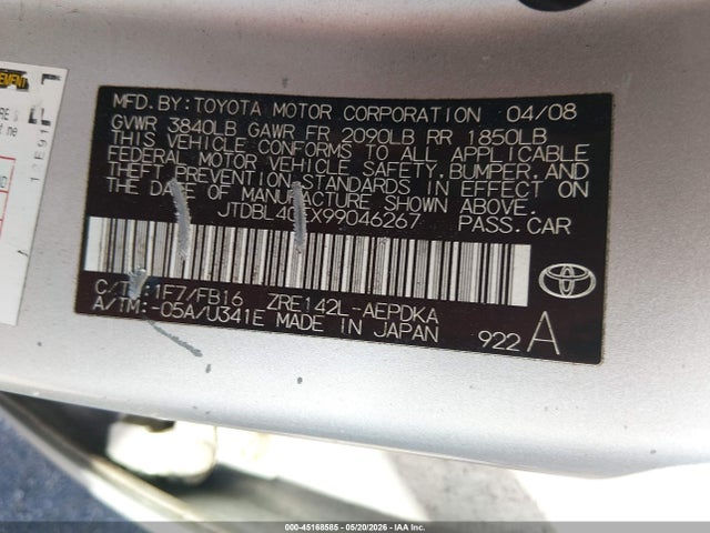 Aukcja sprzedaży 2009 Toyota Corolla, vin: JTDBL40EX99046267, numer aukcji: 45168585