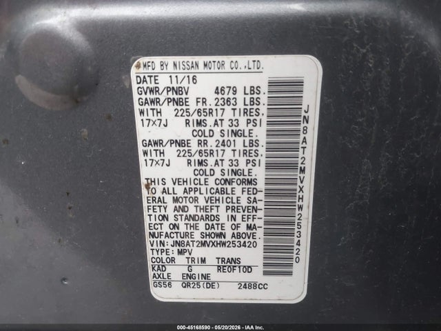 45168590 :رقم المزاد ، JN8AT2MVXHW253420 vin ، 2017 Nissan Rogue S مزاد بيع