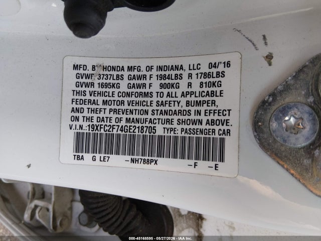 Aukcja sprzedaży 2016 Honda Civic Ex, vin: 19XFC2F74GE218705, numer aukcji: 45168595