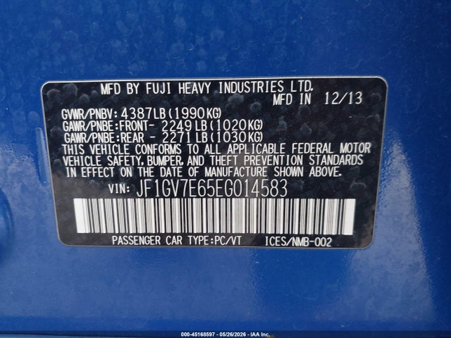 Aukcja sprzedaży 2014 Subaru Impreza Wrx, vin: JF1GV7E65EG014583, numer aukcji: 45168597