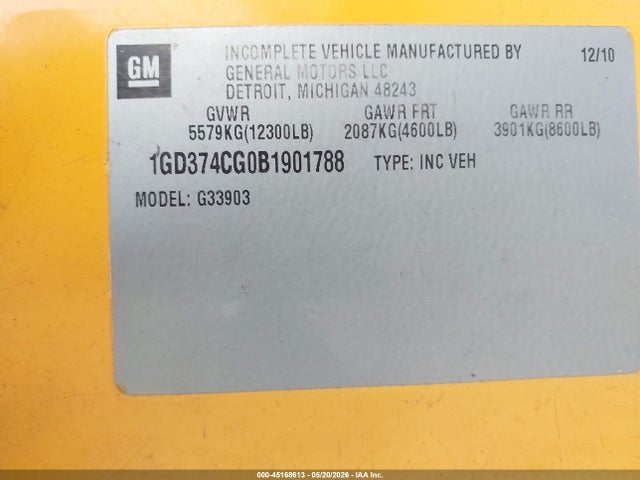 45168613 :رقم المزاد ، 1GD374CG0B1901788 vin ، 2011 Gmc Savana Cutaway Work Van مزاد بيع