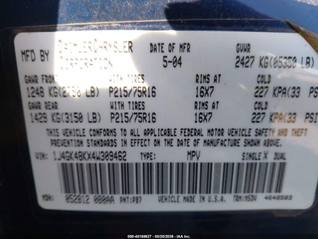Aukcja sprzedaży 2004 Jeep Liberty Sport, vin: 1J4GK48KX4W309462, numer aukcji: 45168627