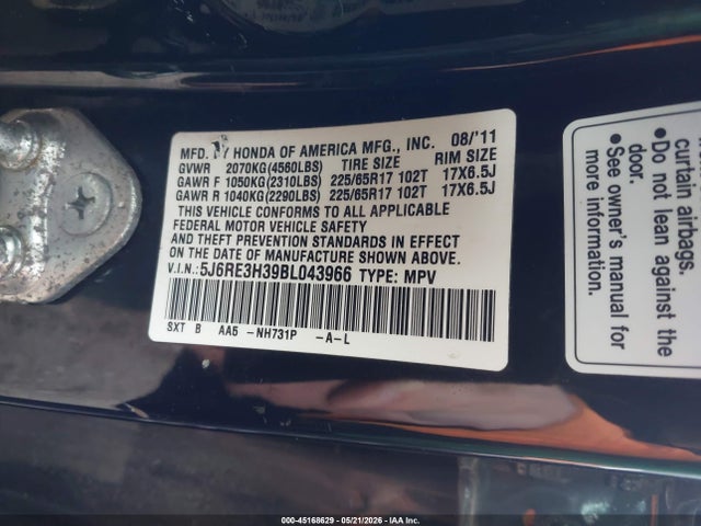 Aukcja sprzedaży 2011 Honda Cr-v Lx, vin: 5J6RE3H39BL043966, numer aukcji: 45168629