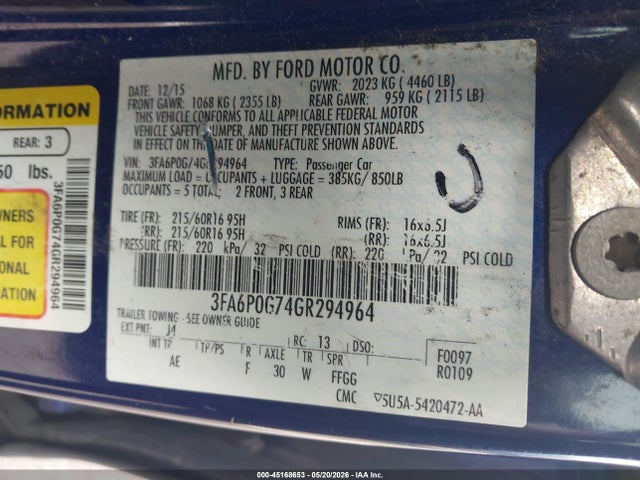 Aukcja sprzedaży 2016 Ford Fusion S, vin: 3FA6P0G74GR294964, numer aukcji: 45168653
