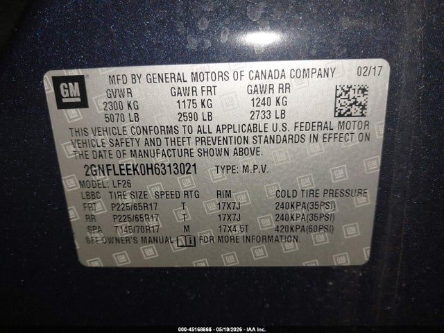 45168665 :رقم المزاد ، 2GNFLEEK0H6313021 vin ، 2017 Chevrolet Equinox Ls مزاد بيع