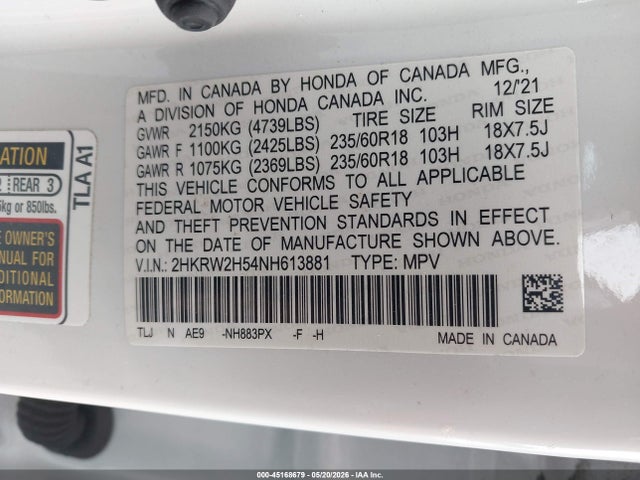45168679 :رقم المزاد ، 2HKRW2H54NH613881 vin ، 2022 Honda Cr-v Awd Ex مزاد بيع