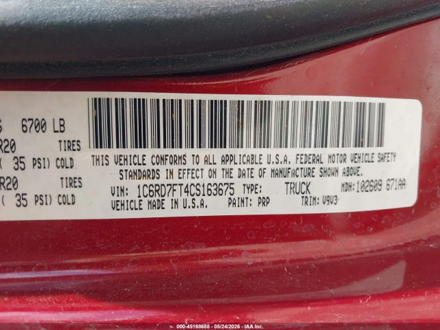 Aukcja sprzedaży 2012 Ram 1500 St, vin: 1C6RD7FT4CS163675, numer aukcji: 45168688