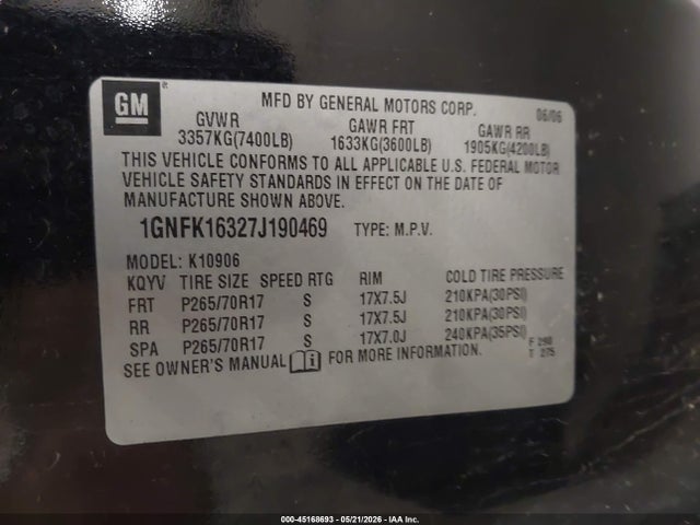 45168693 :رقم المزاد ، 1GNFK16327J190469 vin ، 2007 Chevrolet Suburban 1500 Lt مزاد بيع